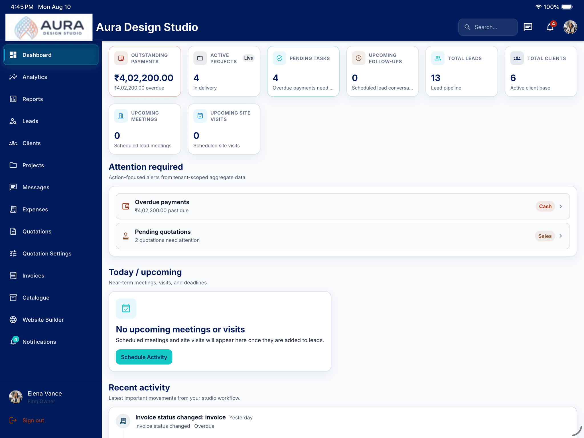 DecorFlow authentic workspace interface showing interior design operations and project management